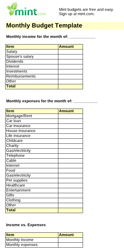 Mint simple monthly budget template